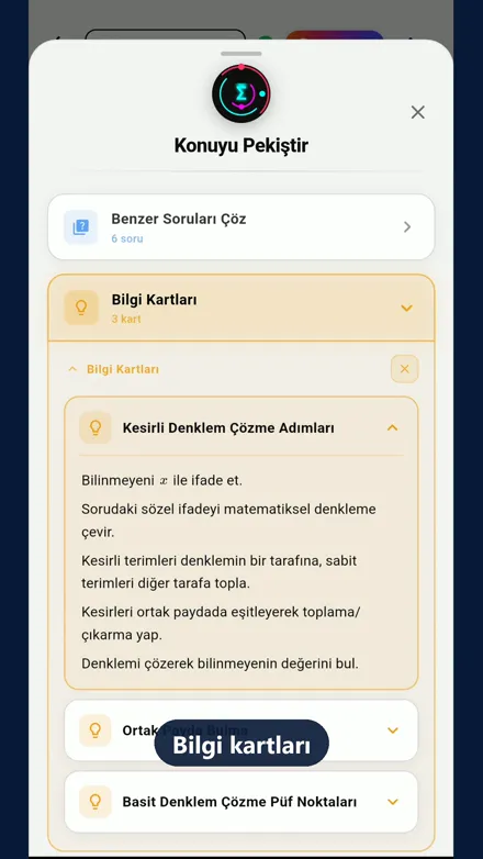Konuyu pekiştir: benzer sorular ve bilgi kartları
